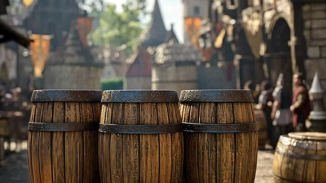 Three wooden barrels in a medieval marketplace, bustling crowd in background