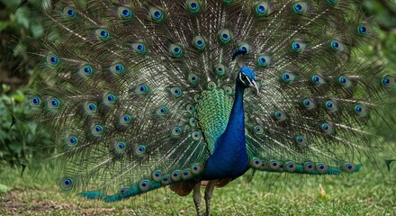 Fototapeta premium A majestic peacock displays its vibrant plumage in full fan, showcasing intricate patterns of iridescent blues and greens against a lush natural background.