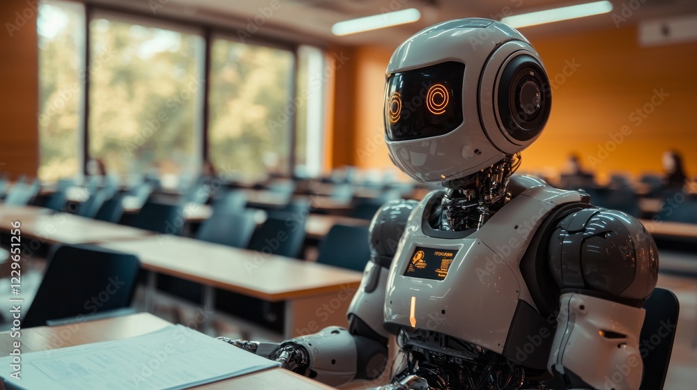 Poster in a bright, contemporary classroom, a humanoid robot captivates an audience with its lecture. stude