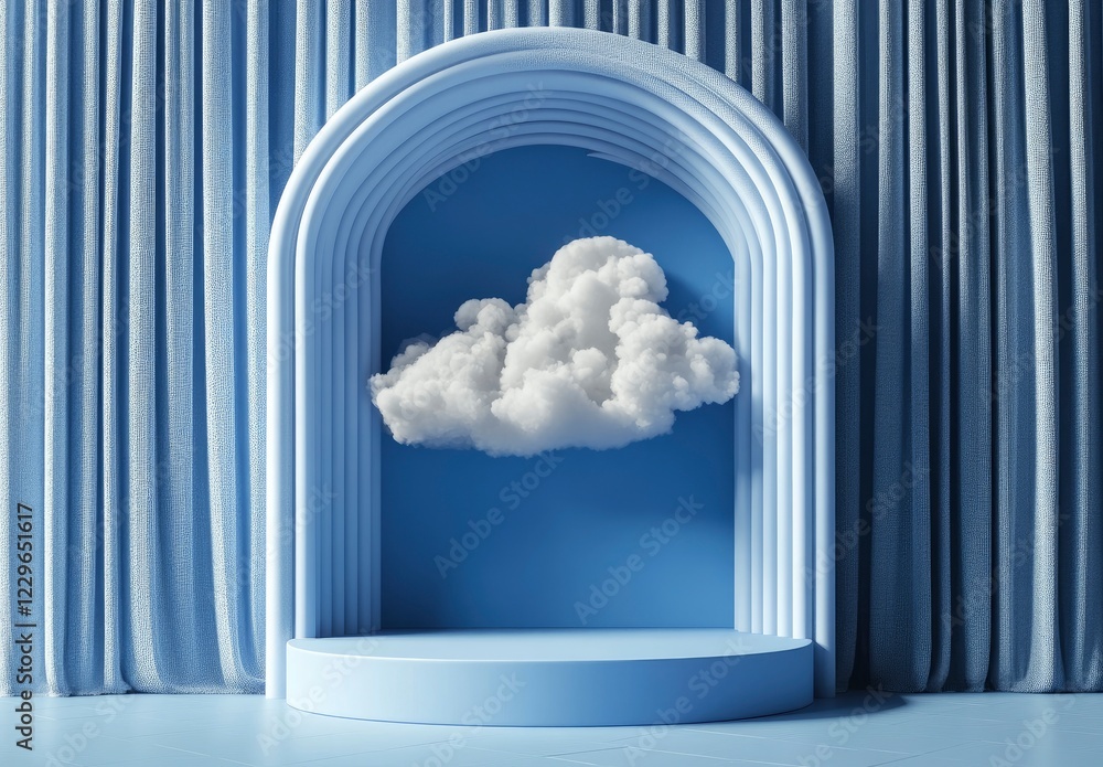 Poster 3d render of a blue background with an arch and podium for product presentation, a minimal design wi