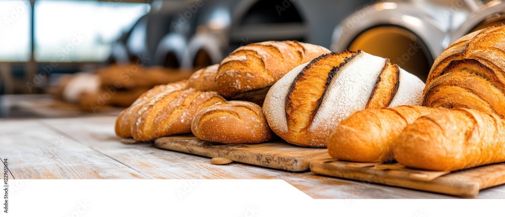 Poster assorted breads displayed on a wooden cutting board in a rustic kitchen setting