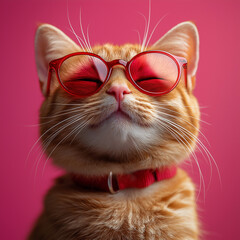 Naklejka premium Playful cat posing in sunglasses bright pink background portrait photography fun environment close-up viewpoint trendy concept