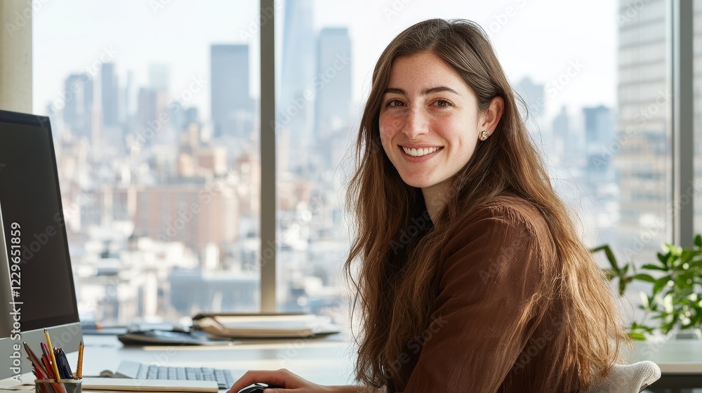 Poster woman working at desk in modern office with city view, smiling and using computer to manage tasks, e
