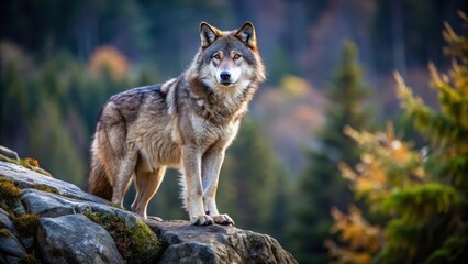 Fototapeta premium A lone fierce wolf stands atop a rocky outcrop in the wilderness, its eyes fixed on prey with intense warning signals