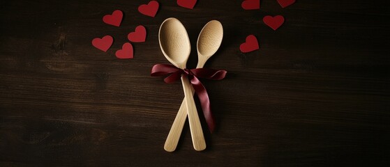 Wooden spoons tied with a ribbon on dark wooden surface with red heart shapes, perfect for romantic dinner setting or culinary-themed decorations and gifts.