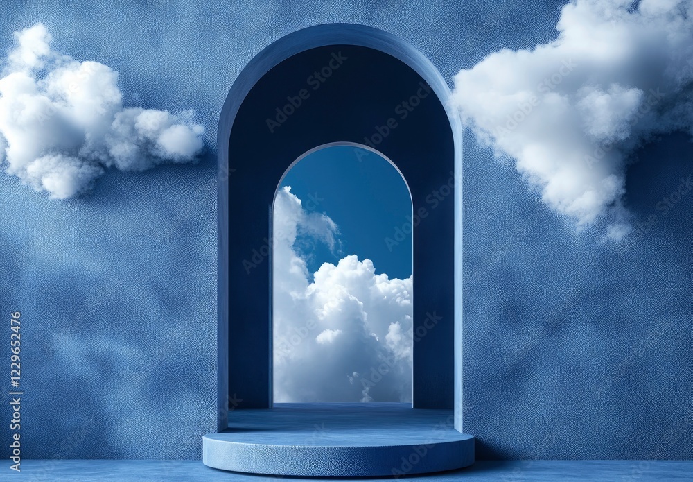 Poster 3d render of a blue background with an arch and podium for product presentation, a minimal design wi