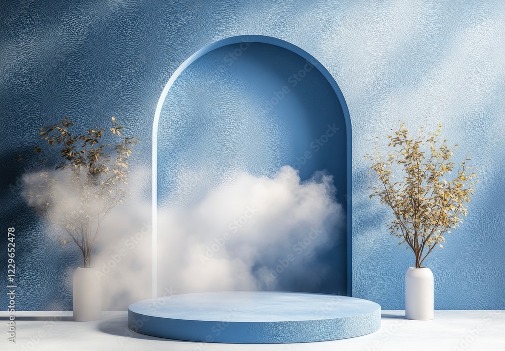 Poster 3d render of a blue background with an arch and podium for product presentation, a minimal design wi