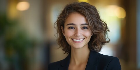 Obraz premium A confident young businesswoman smiling in a modern office, portraying professionalism and warmth. Ideal for business-related content.