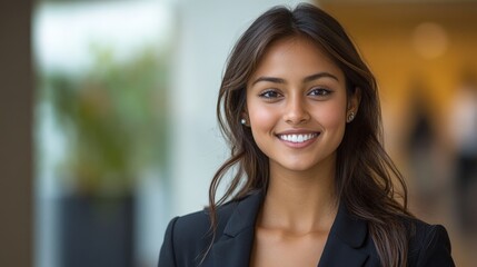 Obraz premium A confident young businesswoman smiling in a modern office, portraying professionalism and warmth. Ideal for business-related content.