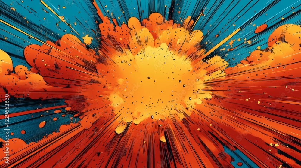 Poster comic art explosion featuring speech bubble bursting with energy colorful flashes and jagged lines f