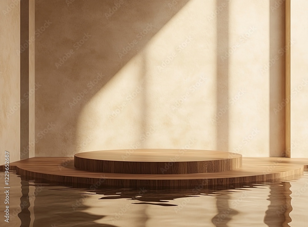 Poster 3d render of a podium background with a water reflection on a beige wall and a wooden stage, showcas