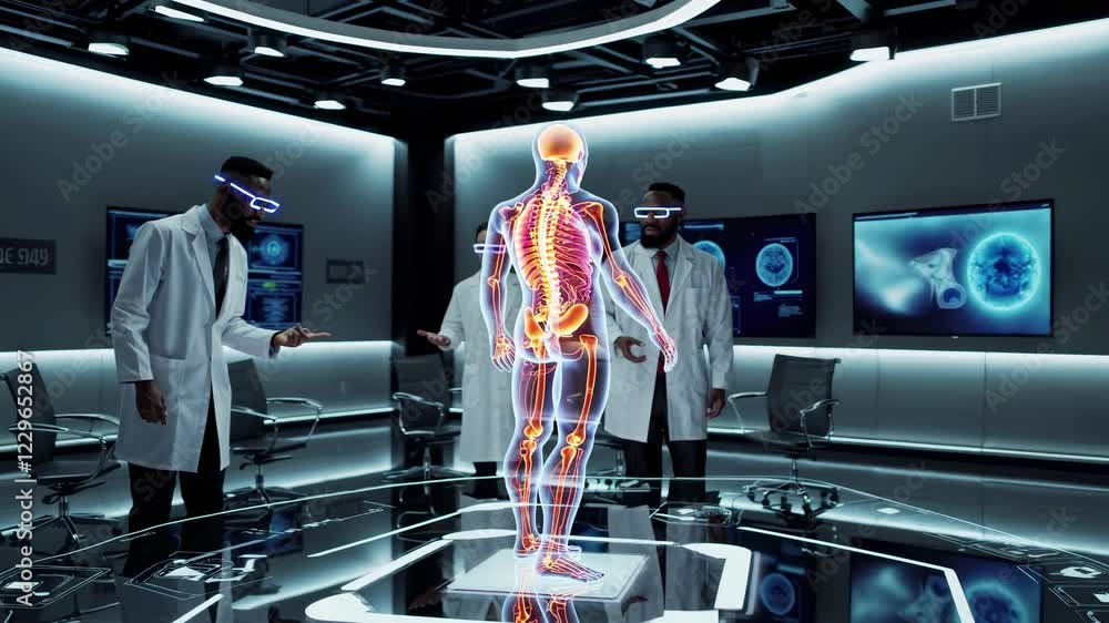 Poster exploring advanced holographic technology in a futuristic lab with vfx and hud elements