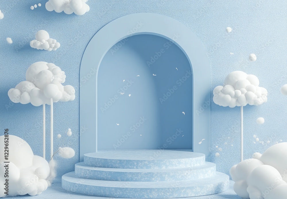 Poster 3d render of a blue background with an arch and podium for product presentation, a minimal design wi