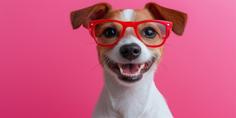 Playful dog wearing red glasses indoor studio pet photography vibrant pink background close-up whimsical concept for pet lovers