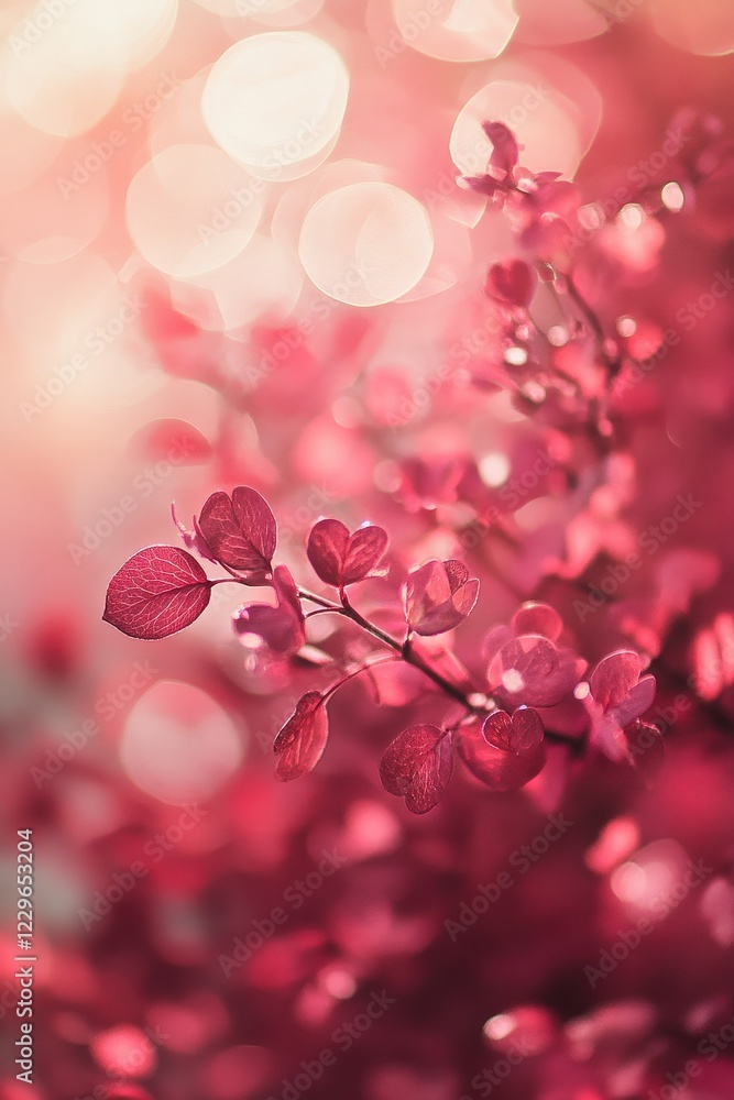 Poster branches of pink leaves with soft bokeh background, creating a dreamy nature scene. ideal for themes