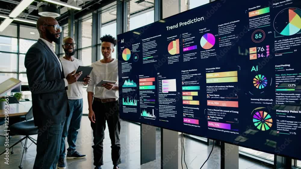 Fototapete team discusses data trends using holographic vfx and hud elements in a modern office setting