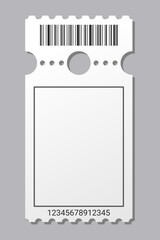 Empty ticket template. Blank concert ticket or lottery coupon. Event coupon or cinema movie theater card. Festival or circus paper empty flyer. Vector isolated illustration