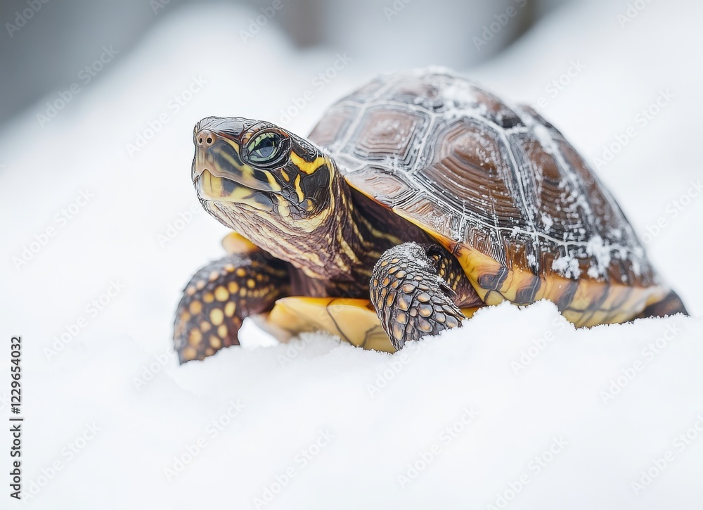Poster Majestic Turtle Navigating Through Snowy Terrain with Bright Patterns on its Shell and Serene Expression in a Winter Wonderland Environment