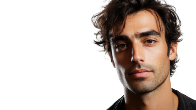 Young man with dark hair and an intense expression poses against a plain background in a studio setting