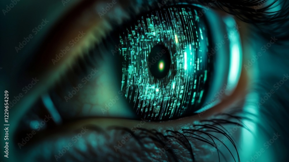 Poster intriguing eye with digital data reflections in a cyberpunk setting showcasing technology and human 