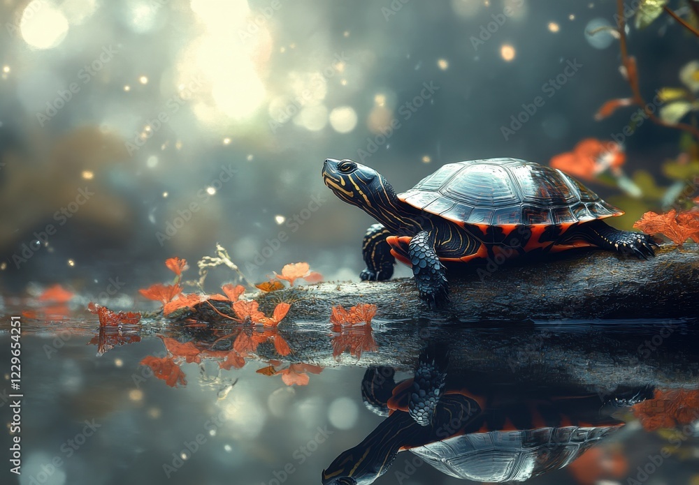 Poster majestic turtle on log by calm water surrounded by autumn leaves with beautiful bokeh background and