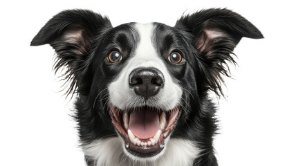 Fototapeta premium Closeup portrait of a happy black and white Border Collie dog with open mouth and big smile on a transparent background Concept of pet, animal, and domestic breed