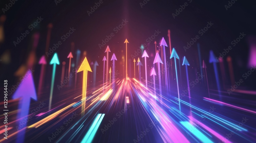 Poster colorful arrows in motion create a vibrant pattern suggesting growth on a dark background