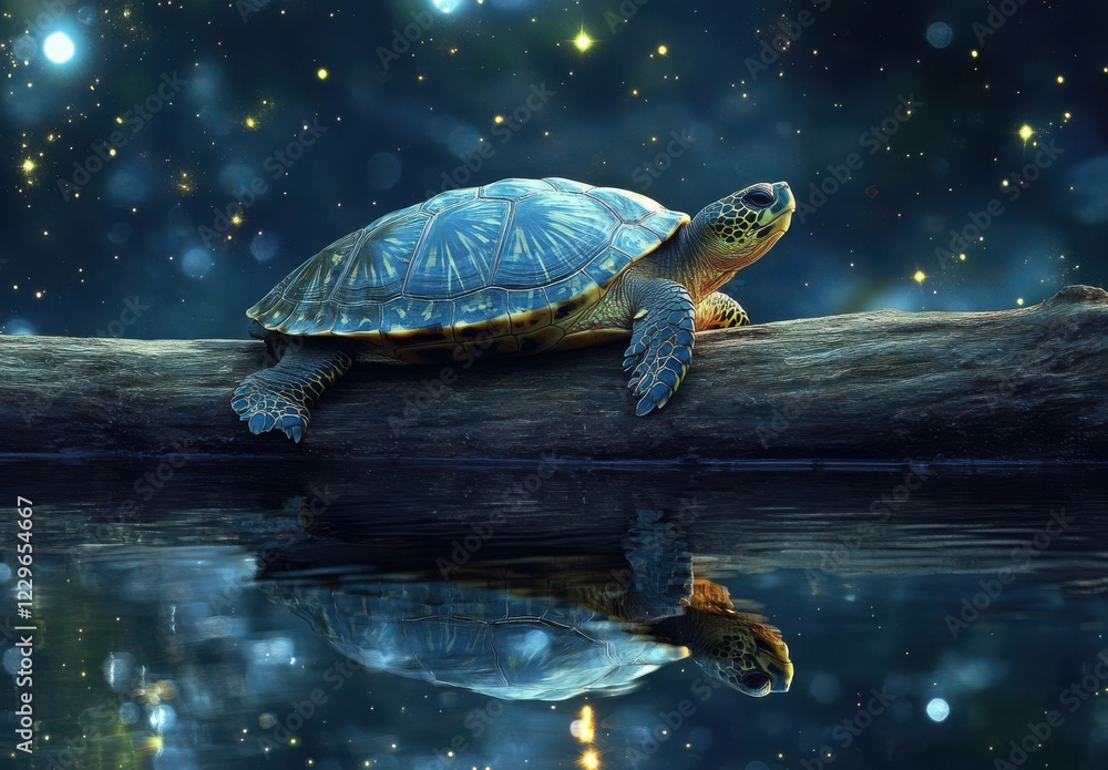 Poster majestic turtle resting on a log under a starry night sky with reflections on calm water creating a 