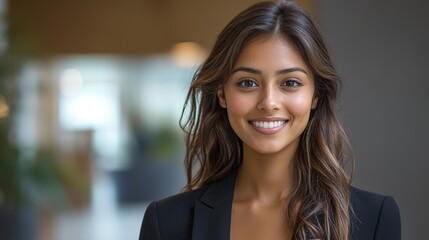 Fototapeta premium A confident young businesswoman smiling in a modern office, portraying professionalism and warmth. Ideal for business-related content.