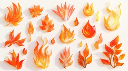 Collection of vibrant, hand-drawn flame and leaf illustrations showcasing warm colors and intricate detailson a light background