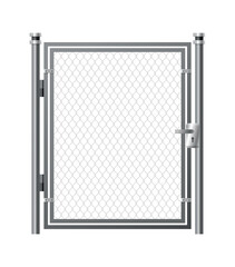 Metal wire fence and gate. Chain-link fence fragment with metallic pillars. Secured territory, protected area or prison fencing. Wire grid construction