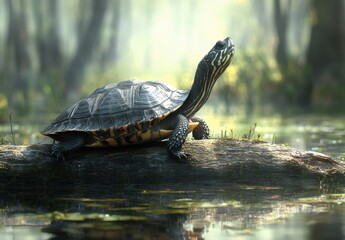 Majestic Turtle Resting on Log in Serene Water, Surrounded by Lush Greenery and Soft Morning Light, Evokes Tranquility and Nature's Beauty