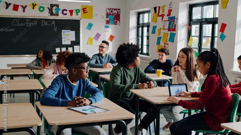 Poster Students engage in interactive learning with futuristic technology in a classroom setting