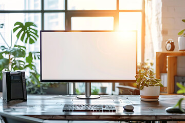 A computer with a blank screen stands on a desk in an office.