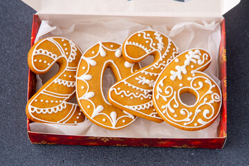 2026 numbers Gingerbread New Year date. Food sweet. Christmas cookies gift in box