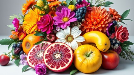 Rustic Fruit & Floral Arrangement, Vintage Inspired Background