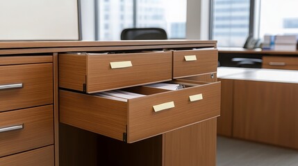 Modern Wooden Office Desk Drawers Open Showing Organized Files and Documents
