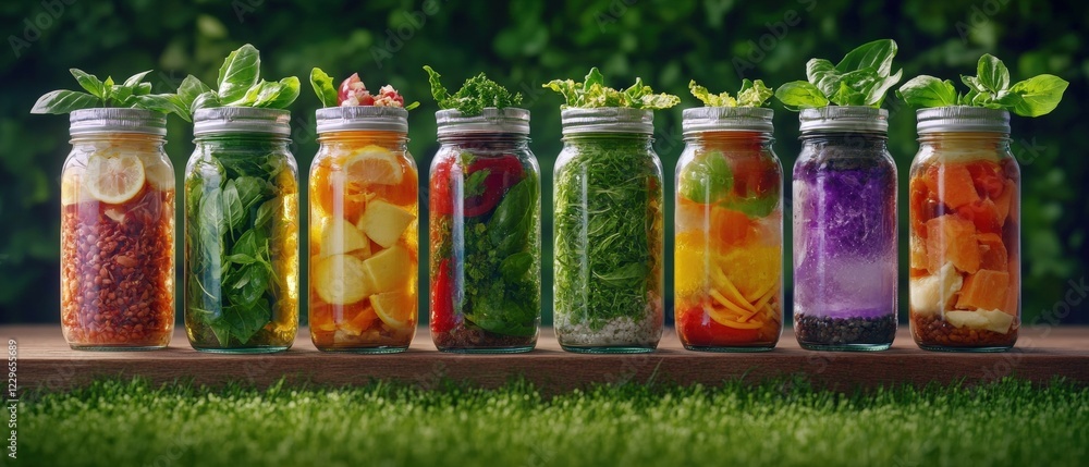 Poster row of jars filled with various types of colorful vegetables in preservation for home canning