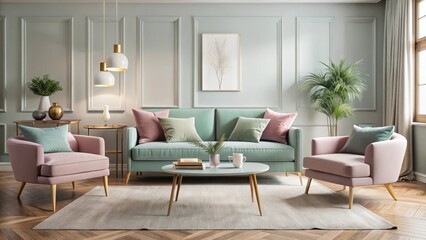 Pastel-colored velvet sofa with matching armchair and coffee table in a cozy living room, serene ambiance, interior design inspiration