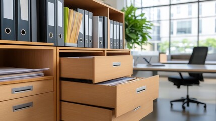 Office Organization Open Drawers Reveal Organized Files and Folders in Modern Wooden Cabinet