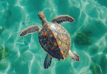 Fototapeta premium Majestic Turtle Swimming Gracefully in Crystal Clear Turquoise Water Under Bright Sunlight, Capturing the Beauty of Marine Life and Ocean Serenity