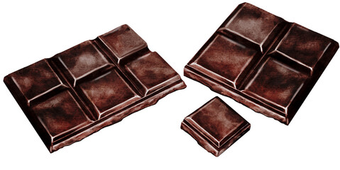 Chocolate watercolor set. Hand drawn slice of dark chocolate bar on isolated white background. Clip art of sweet dessert. Ideal for logo and packaging of sweets, coffee shop menu and recipes
