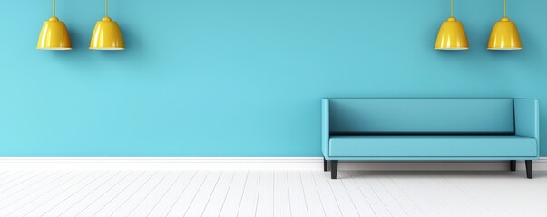 Modern Minimalist Living Room Interior Design Blue Sofa Yellow Lamps White Floor