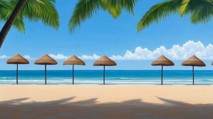 Tranquil Beach Scene Palm Trees Shade Row of Straw Umbrellas on Sandy Shore