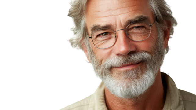 Mature man with glasses smiling against a light background in a relaxed expression