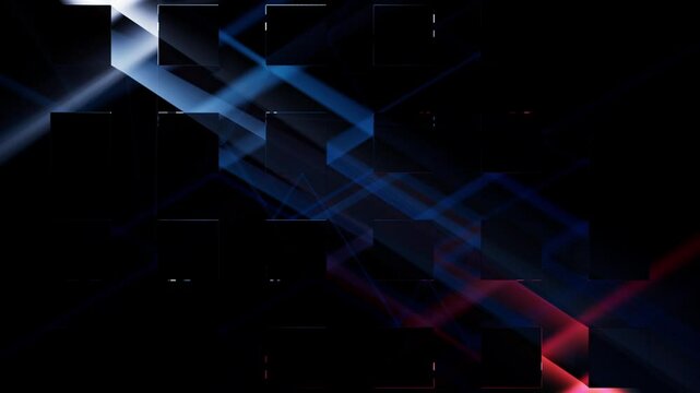 Abstract light rays experiment 3d animation.  Volumetric caustics optical effect. Red and blue colors.
