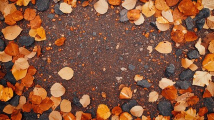 Fototapeta premium Autumnal Ground Cover Orange and Brown Leaves on Gravel Path