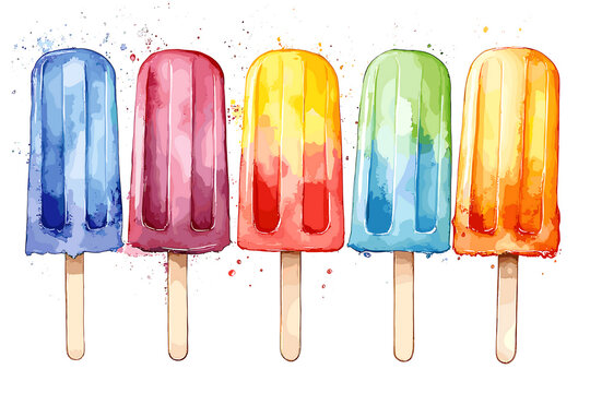 Hand-drawn watercolor popsicles clipart illustration.