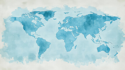 Watercolor World Map: A captivating watercolor painting of a world map in vibrant blue hues against a textured canvas backdrop, invoking a sense of global connection and adventure.