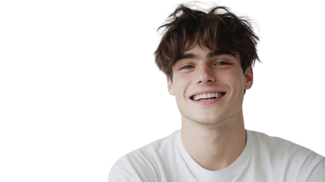 Young man with a bright smile poses against a plain background during a casual indoor moment, showcasing friendly expression and relaxed demeanor
